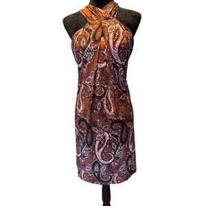 Glam Boho Halter Neck midi Dress Sz L Paisley Fringe Feminine Retro Earth Tones